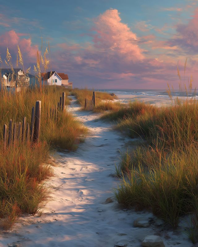 beach path dunes cottage ocean sunset sand grass, trail through coastal dunes to a small white cottage by the sea, warm evening light, grasses and fence