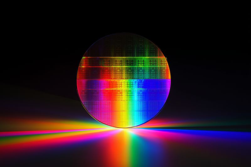 Wafer semiconductor rainbow reflection spectrum on glossy surface with diffraction, circular silicon chip for technology, microchip and photonics research