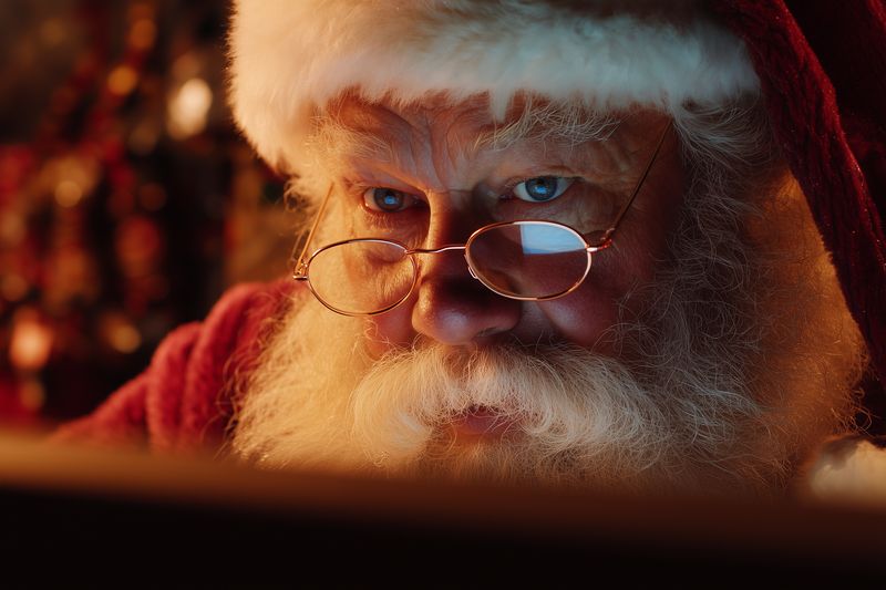 santa beard glasses christmas hat eyes closeup, close shot of older man in festive red costume reading list by lamp light with smile for holiday tradition and magic