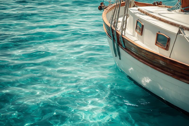 Boat hull and rope moored in turquoise water with sunlight reflections, wooden trim and vintage deck details, calm sea for summer sailing and coastal leisure