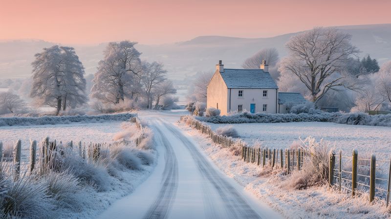 cottage countryroad snow frost sunrise farmhouse winter rural, isolated stone house by a snowy lane at dawn with frosted trees and hedgerow, tranquil landscape with soft pink sky