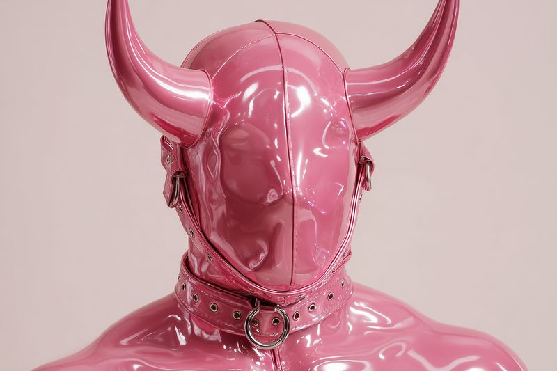 Latex hood horns collar fetish pink glossy mask costume, shiny material and bdsm accessory for fashion and alternative, studio lighting minimal background