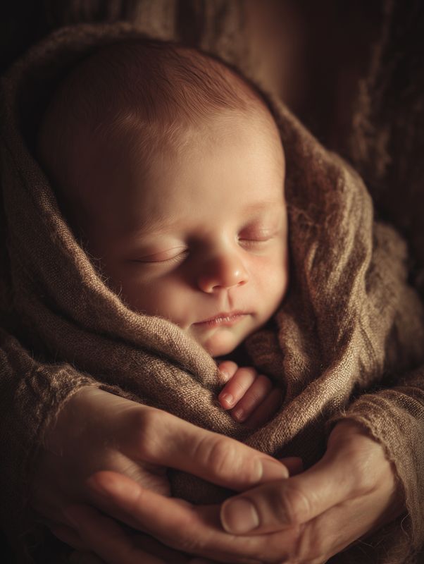 Newborn baby sleeping wrapped in soft swaddle held by caring hands, warm moody lighting, closeup of delicate skin and tiny fingers, cozy newborn care scene for family