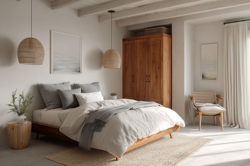Bedroom with bed and wooden wardrobe, rattan pendant lamps and neutral palette, cozy linens textured rug cushions and draped curtains for warm minimalist interior atmosphere