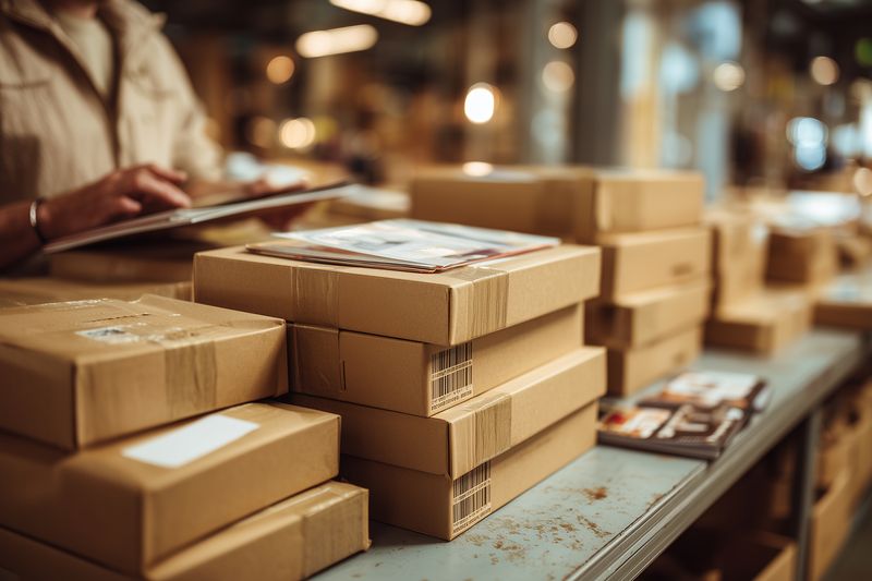 packages boxes shipping warehouse tablet logistics worker checks labels on stacked parcels on metal table for ecommerce order fulfillment and delivery processing in distribution center