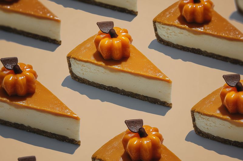 pumpkin cheesecake dessert slice autumn garnish creamy filling spiced topping chocolate decoration on pattern for seasonal bakery display and pastry shop