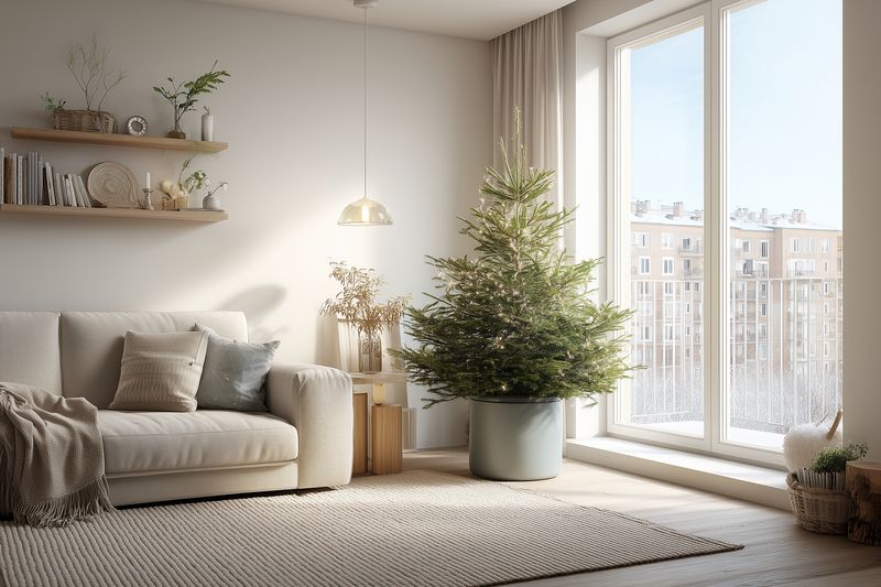 Christmas tree near window in cozy living room with textured sofa and neutral interior decor soft sunlight through glass minimalist holiday decoration Scandinavian atmosphere