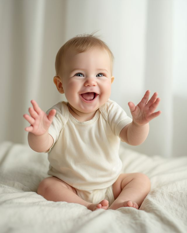 Baby smiling and sitting on soft bed with arms reaching out happy infant in bright bedroom setting cute expression and cozy neutral bedding for family lifestyle and early development