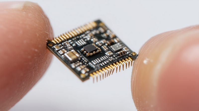 microchip circuit electronics microcontroller pcb tiny fingers technology close up of a miniature module held between fingers for hardware testing and assembly