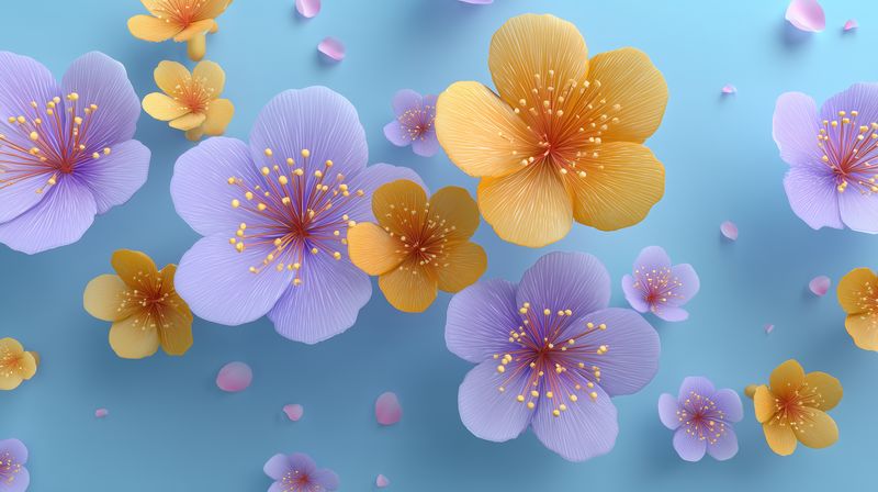 Flowers petals blossoms spring pastel decorative delicate purple and yellow blooms on blue background closeup floral arrangement with soft texture and scattered petals