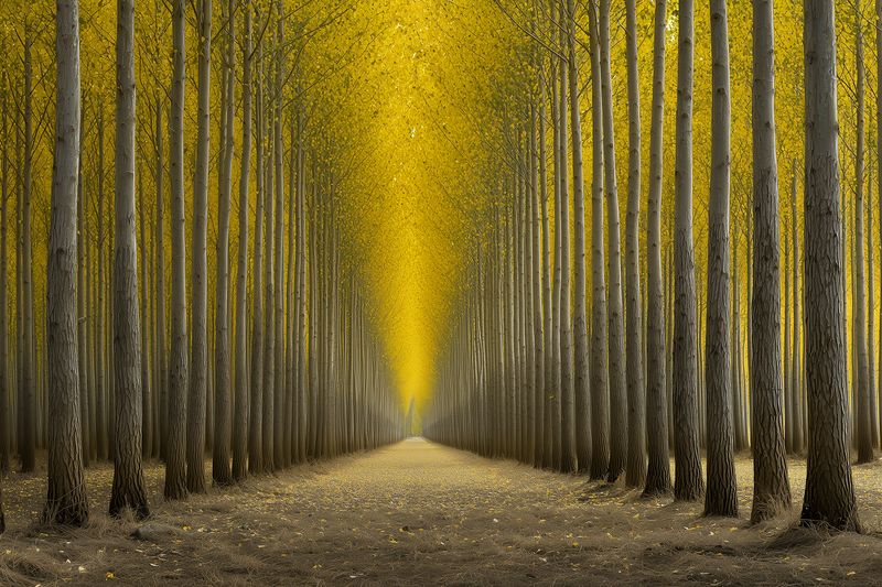 Trees forest path autumn leaves symmetry, tunnel of yellow foliage in lined plantation, perspective walkway between tall trunks creating vanishing point and tranquil scene