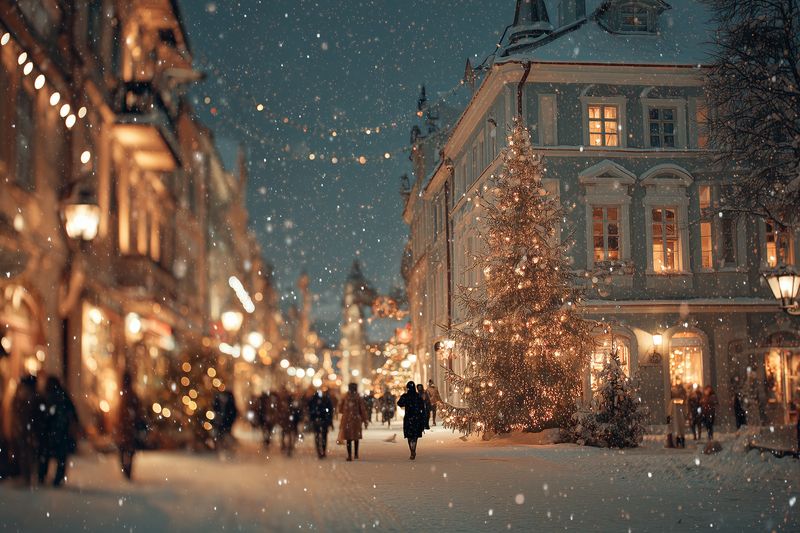 Christmas tree, snow, lights, street, people, evening, festive snowy street with illuminated tree and string lights, pedestrians in soft bokeh passthrough and warm shop windows
