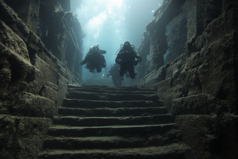 Divers underwater scuba ruins stairs exploration ancient site with two divers ascending submerged stone steps between weathered walls dramatic light beams and bubbles now
