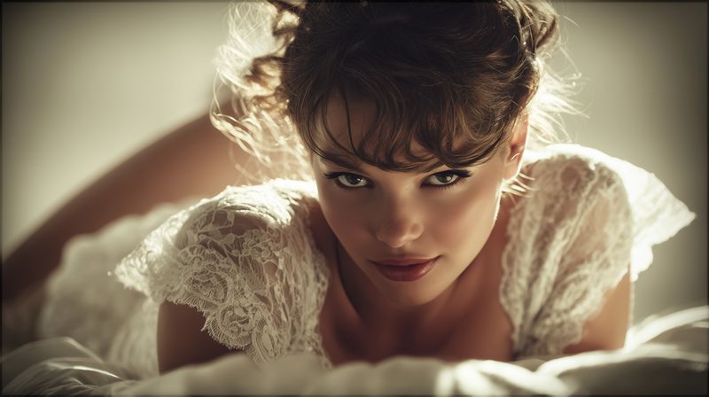 woman sensual lace lingerie in bedroom, beauty and makeup with intense gaze, boudoir style, soft backlight and warm tones, intimate glamour and elegant lace detail, editorial shot