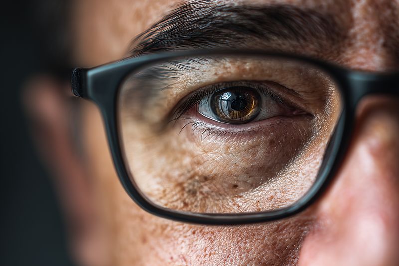 Eye glasses close-up freckles skin eyebrow reflection vision focus macro detail of an eye behind eyeglass frame showing skin texture sharp iris detail and optical clarity for sight concept