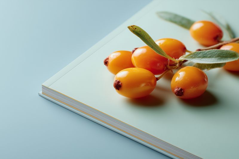 Buckthorn berries branch on a pastel notebook, stilllife composition with green leaves and soft natural light, closeup food photo minimal styling color contrast