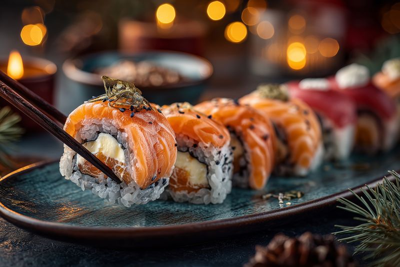 Sushi salmon rolls with creamy filling on ceramic plate held by chopsticks for elegant seafood appetizer closeup of rice texture nori garnish and festive bokeh lights backdrop