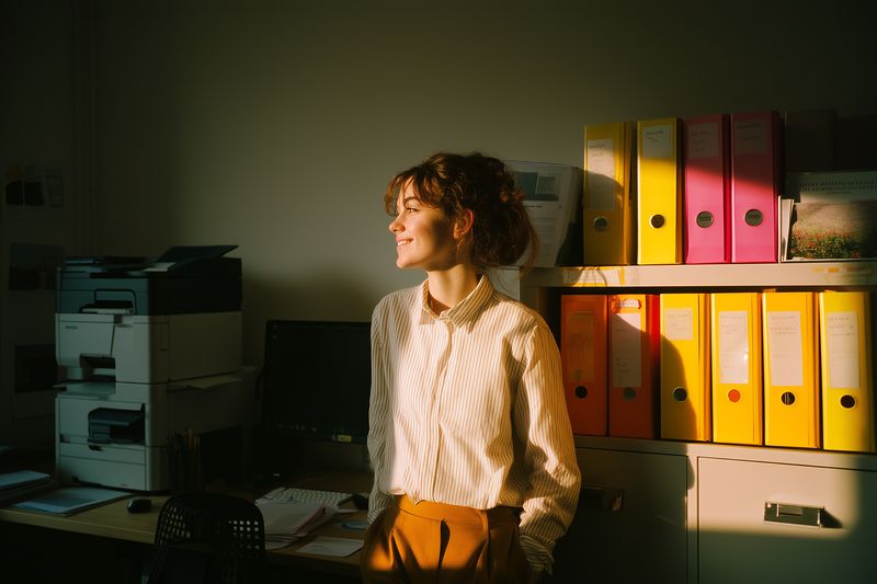 woman office shelves binders sunlight smile, smiling woman stands in a sunlit office beside colorful binders and a desk with printer relaxed pose ambient workspace mood
