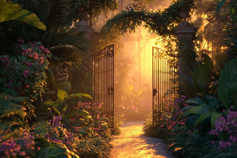 Garden gate, sunlit pathway, morning sunlight through foliage and flowers, serene entrance to a secret garden with warm golden atmosphere and peaceful mood