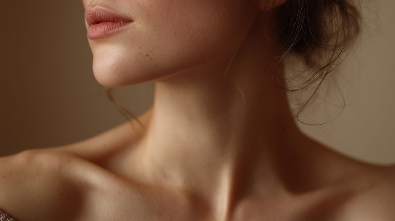 Female skin closeup jawline neck lips collarbones in soft light, beauty detail for skincare, wellness and cosmetic care concept for commercial use ads