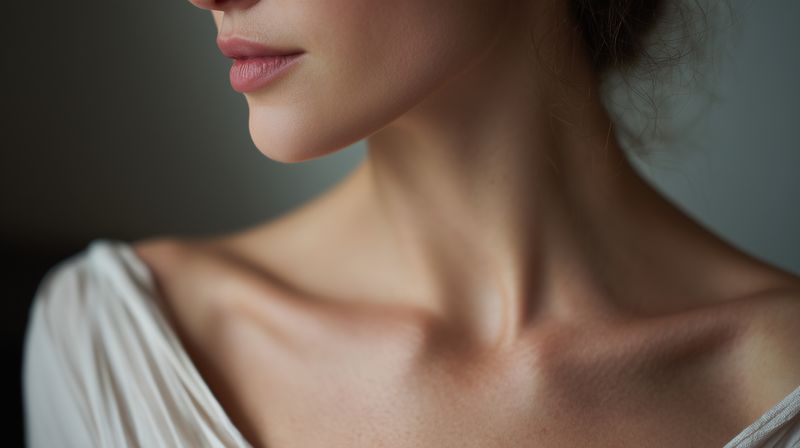 Neck, collarbone, lips, skin, shoulder, woman closeup with soft natural light and smooth complexion, elegant neckline and makeup for beauty, sensuality and fashion detail