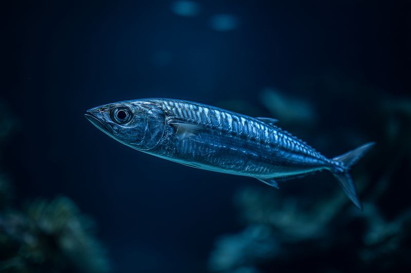 fish mackerel underwater ocean blue swimming, solitary closeup of streamlined silver fish, detailed scales and fins visible in blue water, lighting captures motion and anatomy