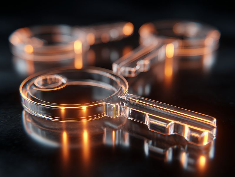 key, glass, transparency, reflection, amber, closeup, transparent glass key on dark reflective surface with warm glowing light modern luxury concept security