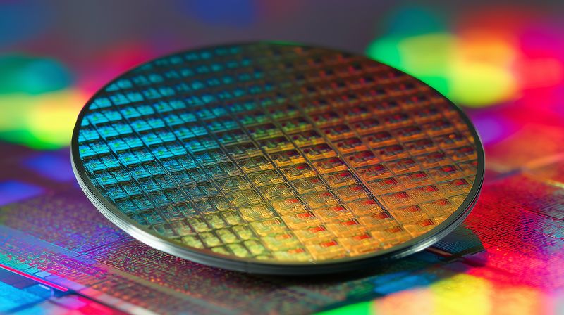 Wafer semiconductor silicon microchip chip technology circuit fabrication closeup with colorful reflection on microelectronics substrate for industry research
