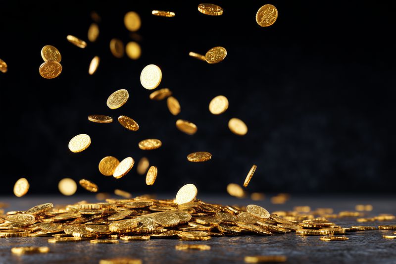 Coins falling and piling in a heap, gold currency and wealth concept for finance and investment visuals, shiny metallic cash for savings and economic prosperity