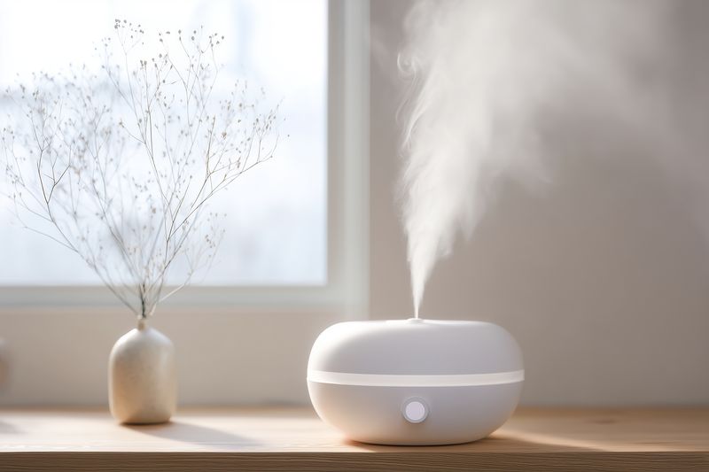 Diffuser aromatherapy humidifier steam home interior wellness vapor on wooden table by window with minimalist vase and dried flowers for cozy atmosphere and air moisturize