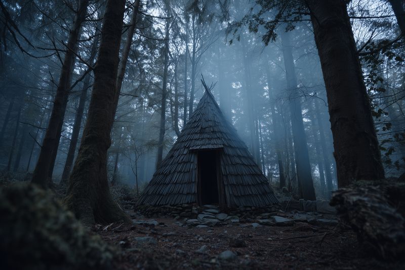 Hut forest fog trees cabin mist woods eerie night, conical wooden shelter in dense foggy woodland, atmospheric moody scene with tall pines, low light and mysterious solitude