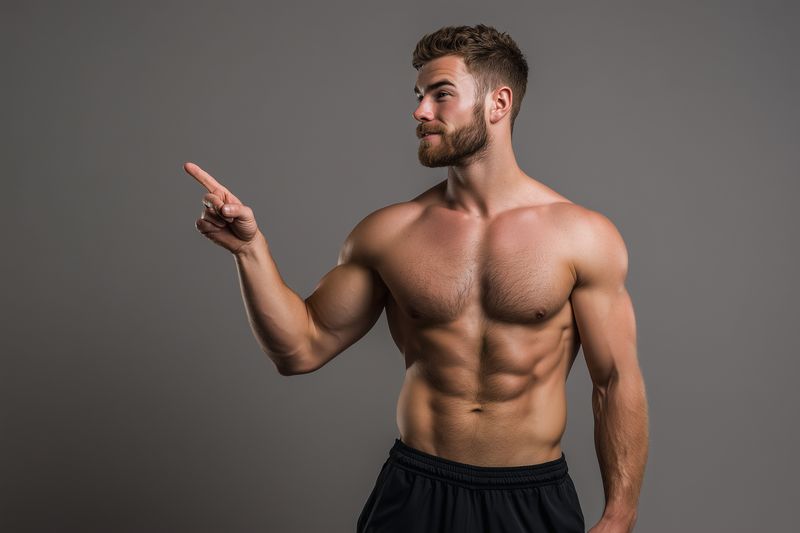 Shirtless muscular fitness male torso abs pointing left in studio lighting, athletic model displaying strength and physique for workout concept and healthy lifestyle definition