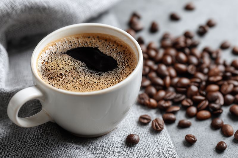 coffee cup beans foam mug morning beverage aroma white cup on gray linen close up hot drink for breakfast cozy cafe style still life with scattered roasted beans