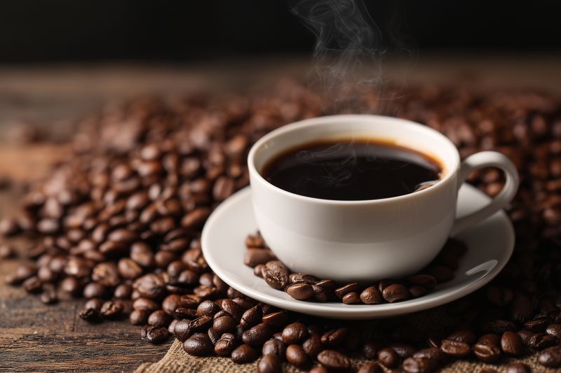 Coffee cup and saucer with steaming black coffee on wooden table surrounded by roasted coffee beans for aroma morning beverage hot drink cozy aromatic