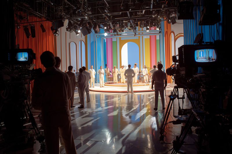 studio stage cameras crew lights performers set broadcast in television production with camera operators and technicians on glossy floor shooting live show