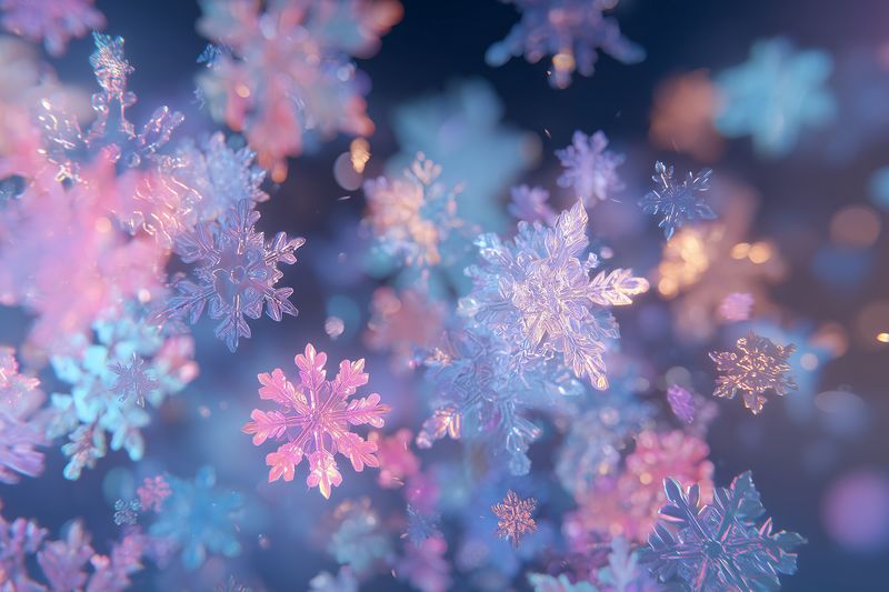 Snowflake snow winter crystal macro bokeh ice frost glitter closeup of delicate frozen crystals with soft pastel lighting and shallow depth of field creating a festive texture scene