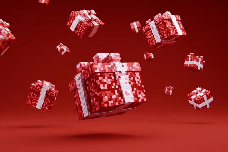 Gift present box red ribbon festive holiday celebration floating on red background, pixelated mosaic wrapping pattern, wrapped packages in motion, seasonal giving scene and decorative surprise gifts