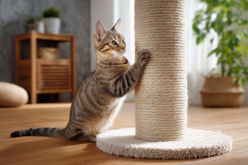 Cat scratching post in home tabby pet using sisal post for nail maintenance and play indoor furniture cozy living room scene with sunlight carpeted base